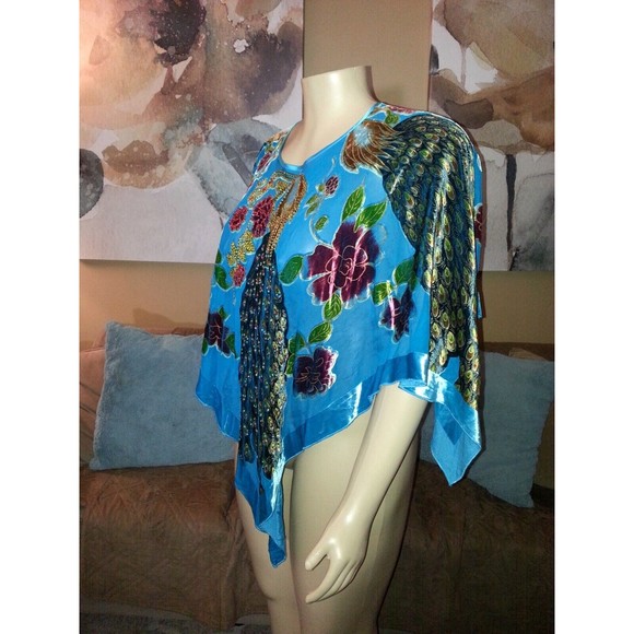 Lane Bryant Blue Peacock Floral Beaded Poncho One Size 14/20 EUC - Picture 3 of 6